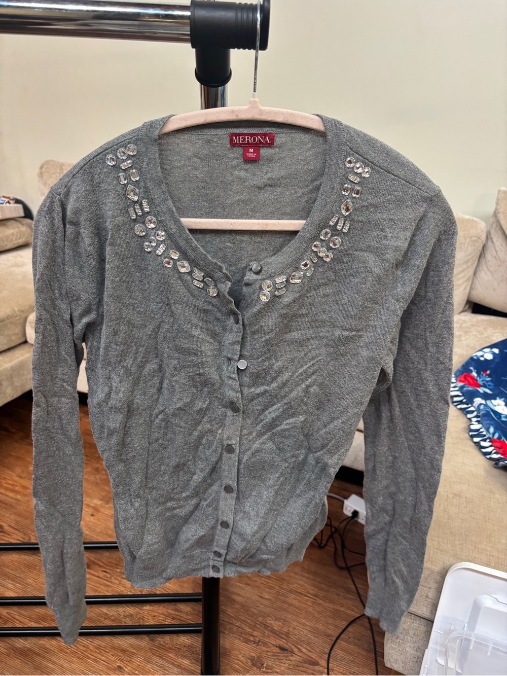 Merona Gray Rhinestone Scoop-Neck Cardigan